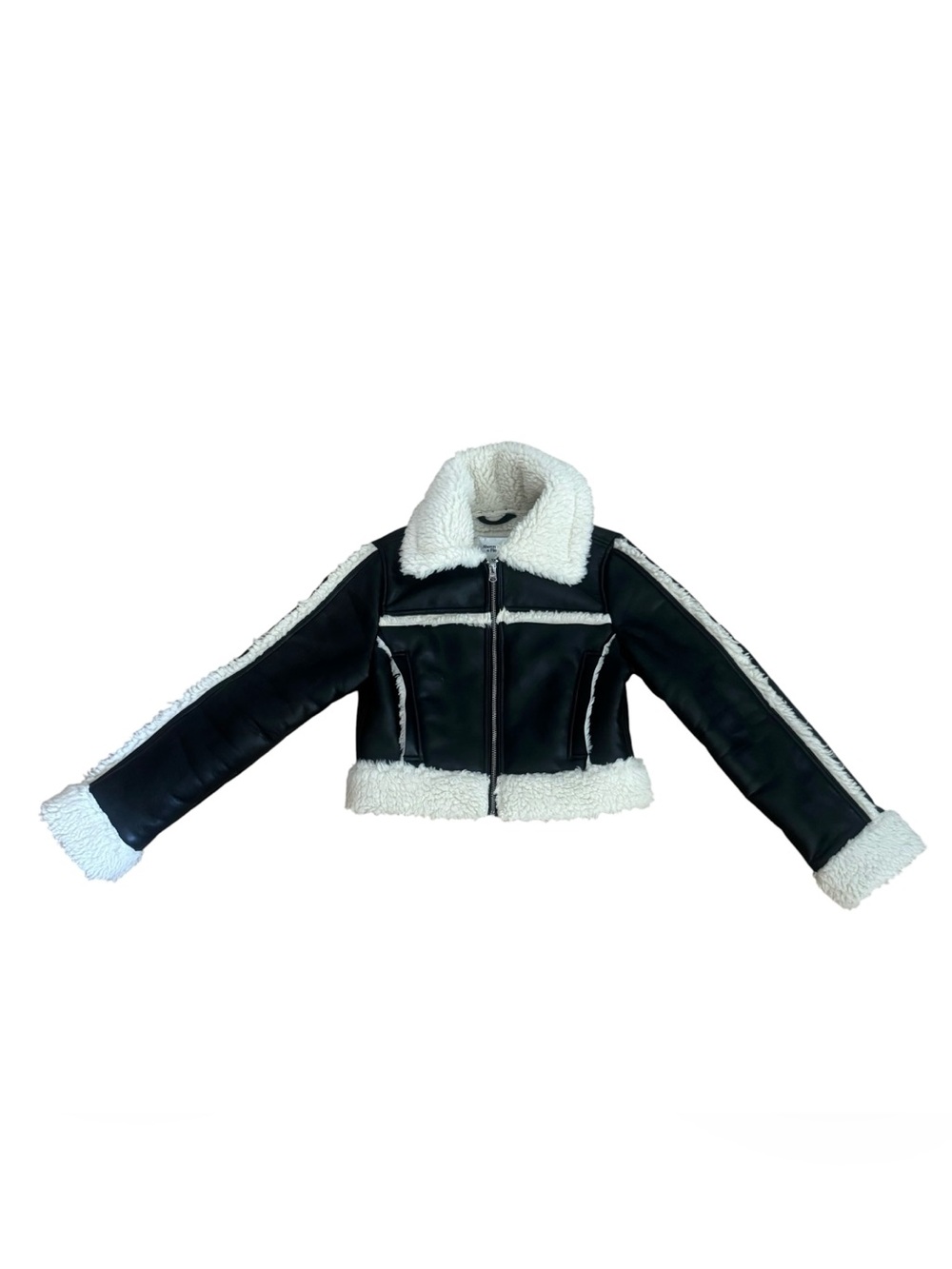 Abercrombie & Fitch Vegan Leather Zip Jacket Faux Shearling Sherpa Trim Black XS
